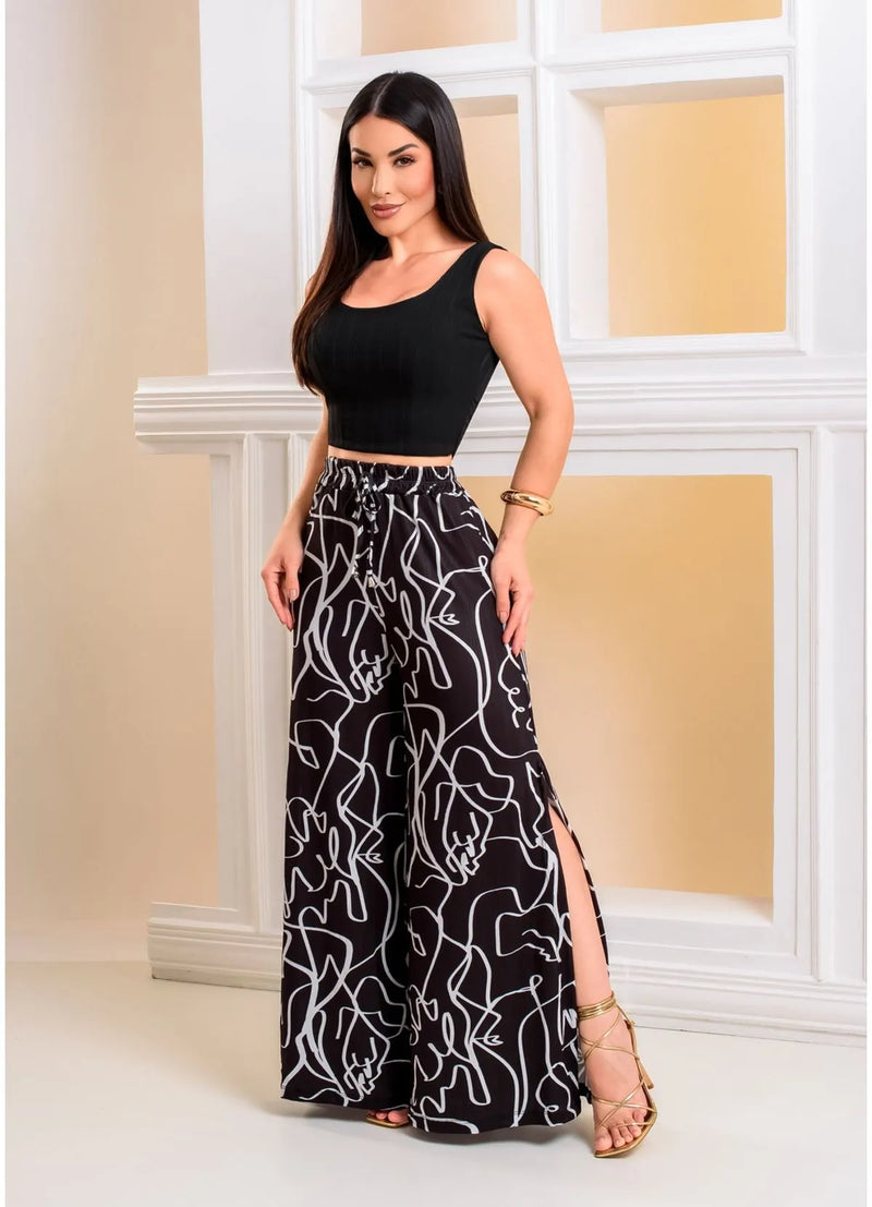 Conjunto Cropped Regata/ Wide Leg Fenda Scribble - PRETO;P